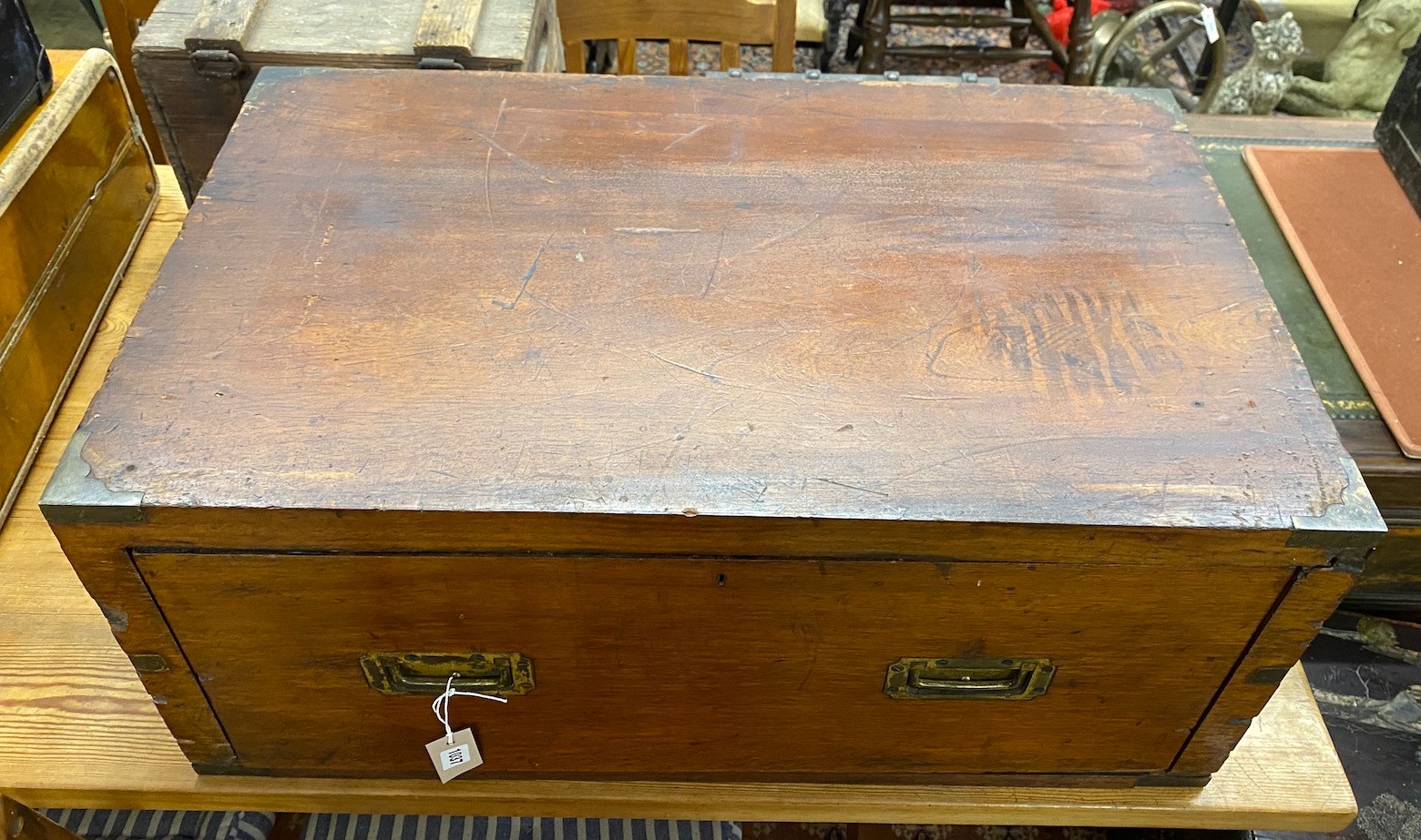 A military style brass mounted teak campaign chest section, width 85cm, depth 53cm, height 36cm